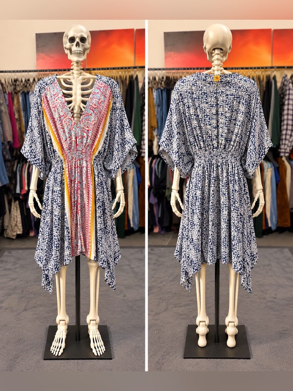 Blue Floral Asymmetrical Dress with Pink & Yellow Trim